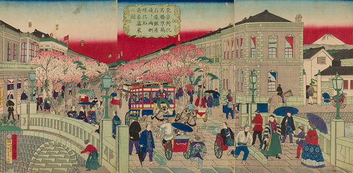 Kasanes Graphica “Developing Tokyo landscapes, stone made Ginza street at Kyobashi, prosperity stores” Hiroshige Utagawa the 3rd 1874